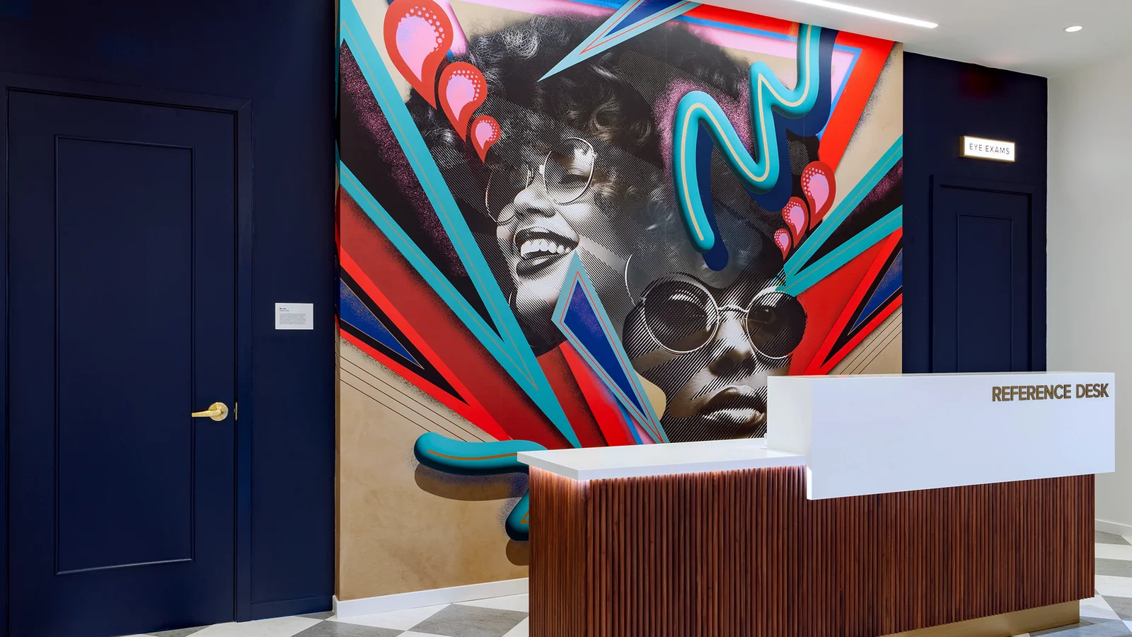 Clearly mural behind the Warby Parker reception desk