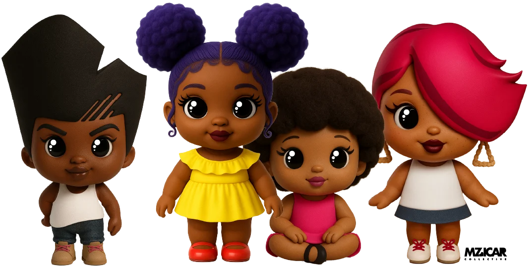 Four rendered Matilda characters with different hairstyles, clothing, and poses