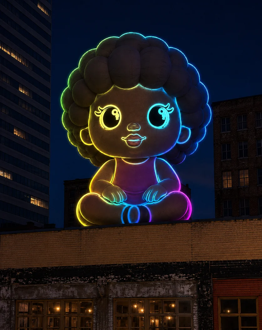Promotional rendering of Matilda, a seated character outlined in colored light above a brick building