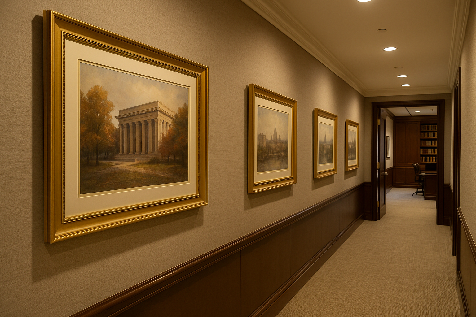 Curated artwork installed in a bright office space